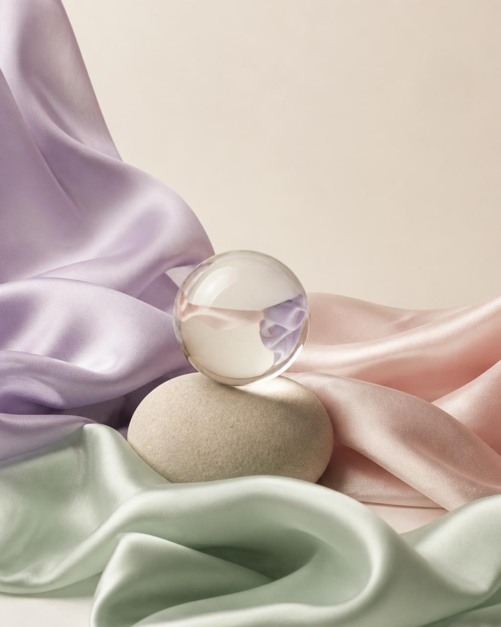 Soft silk folds and a glass sphere, symbolising calm and balance